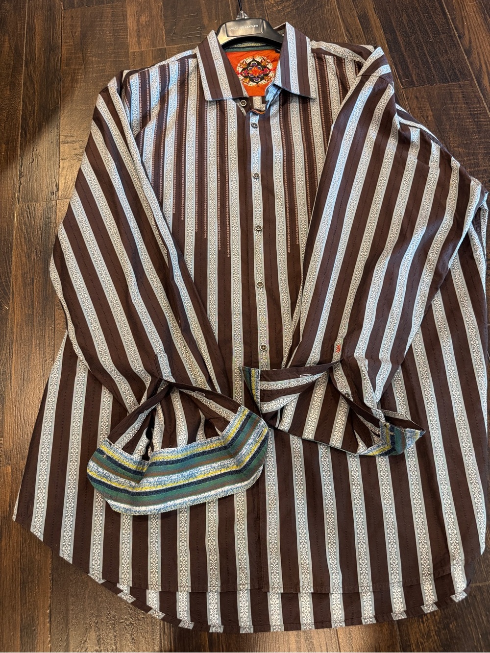 Men's Brown & White Vertical Stripe Button-Down Shirt - Robert Graham